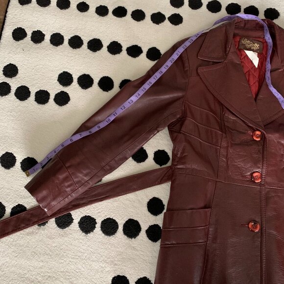 Vintage 70s Sears Burgundy Leather Quilt Lined Belted Blazer Jacket Trench Coat - Picture 14 of 16